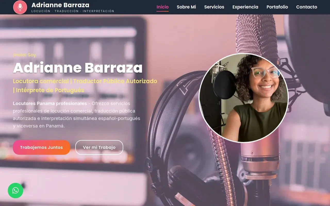 Portada del sitio de Adrianne Barraza, locutora e intérprete de portugués