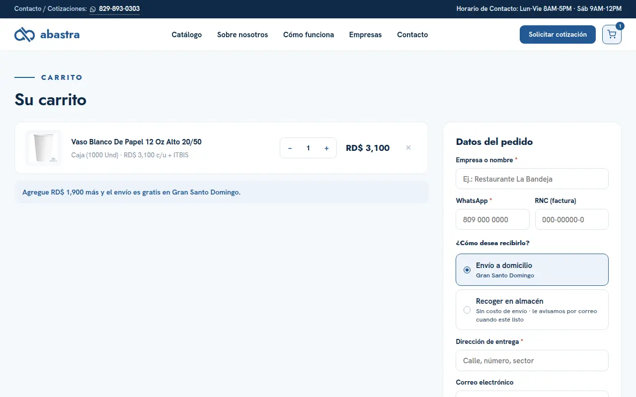Carrito de Abastra con un producto y el formulario de datos del pedido: empresa, WhatsApp, RNC y forma de entrega