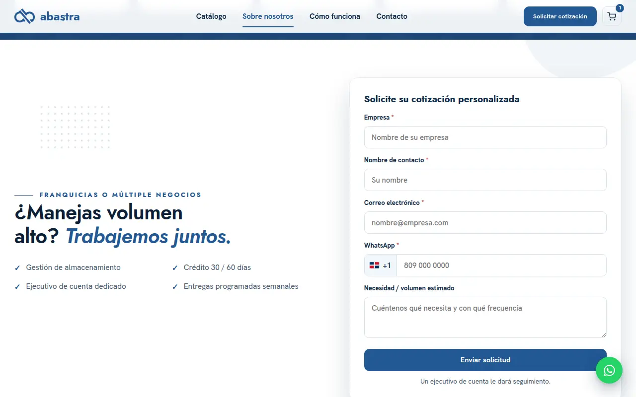 Formulario de Abastra para solicitar una cotización personalizada para negocios con volumen alto