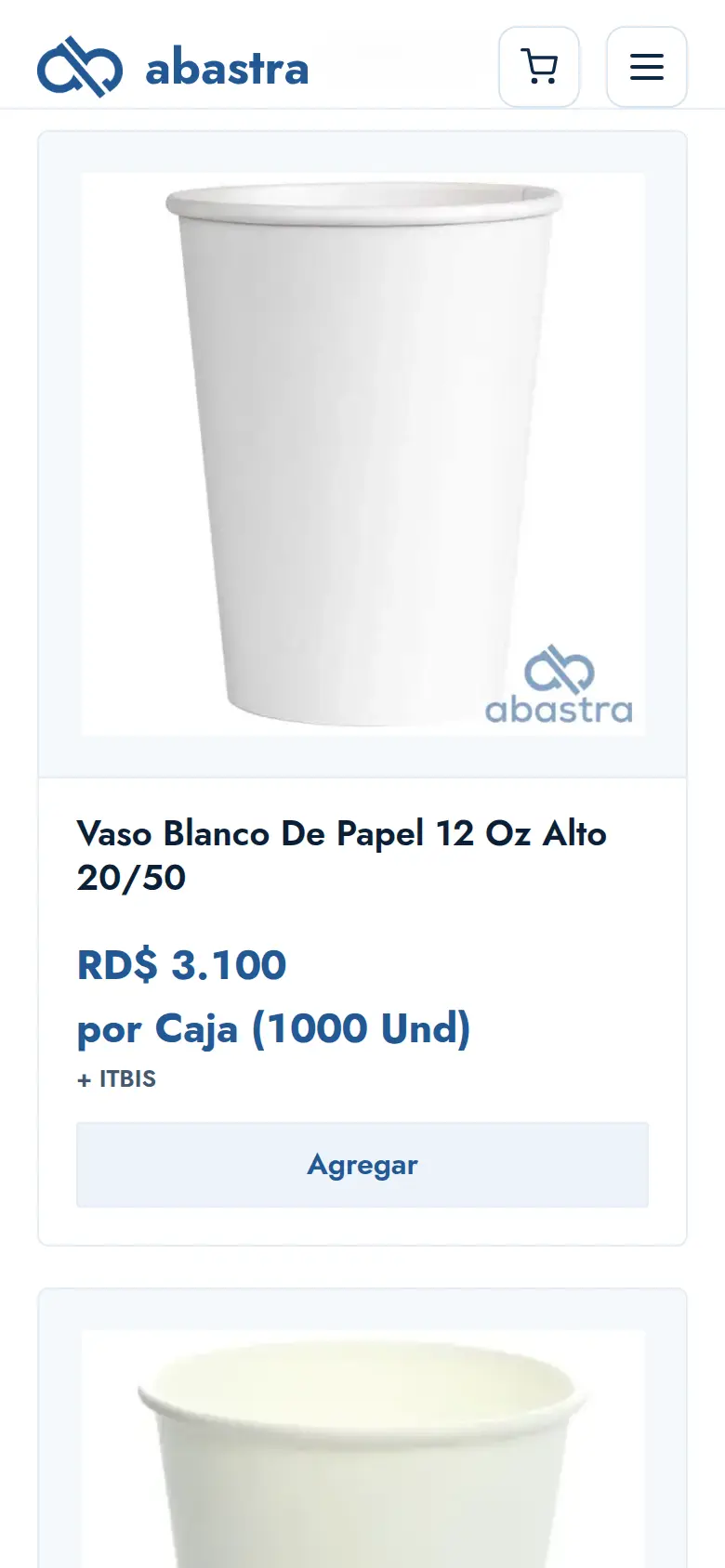 Vista móvil del catálogo de Abastra con un vaso de papel, su precio por caja y el botón Agregar