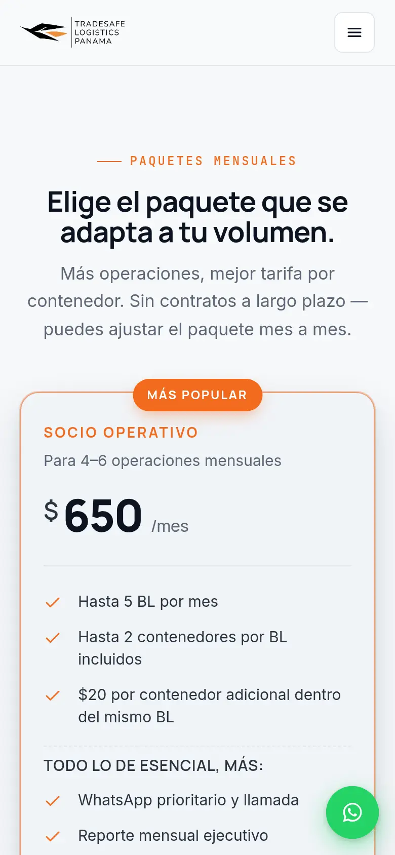 Vista móvil del paquete Socio Operativo de TradeSafe PMA con su precio mensual y lo que incluye