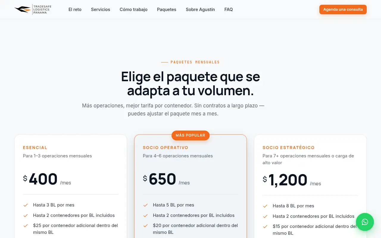 Paquetes mensuales de TradeSafe PMA: Esencial, Socio Operativo y Socio Estratégico, con su precio por mes