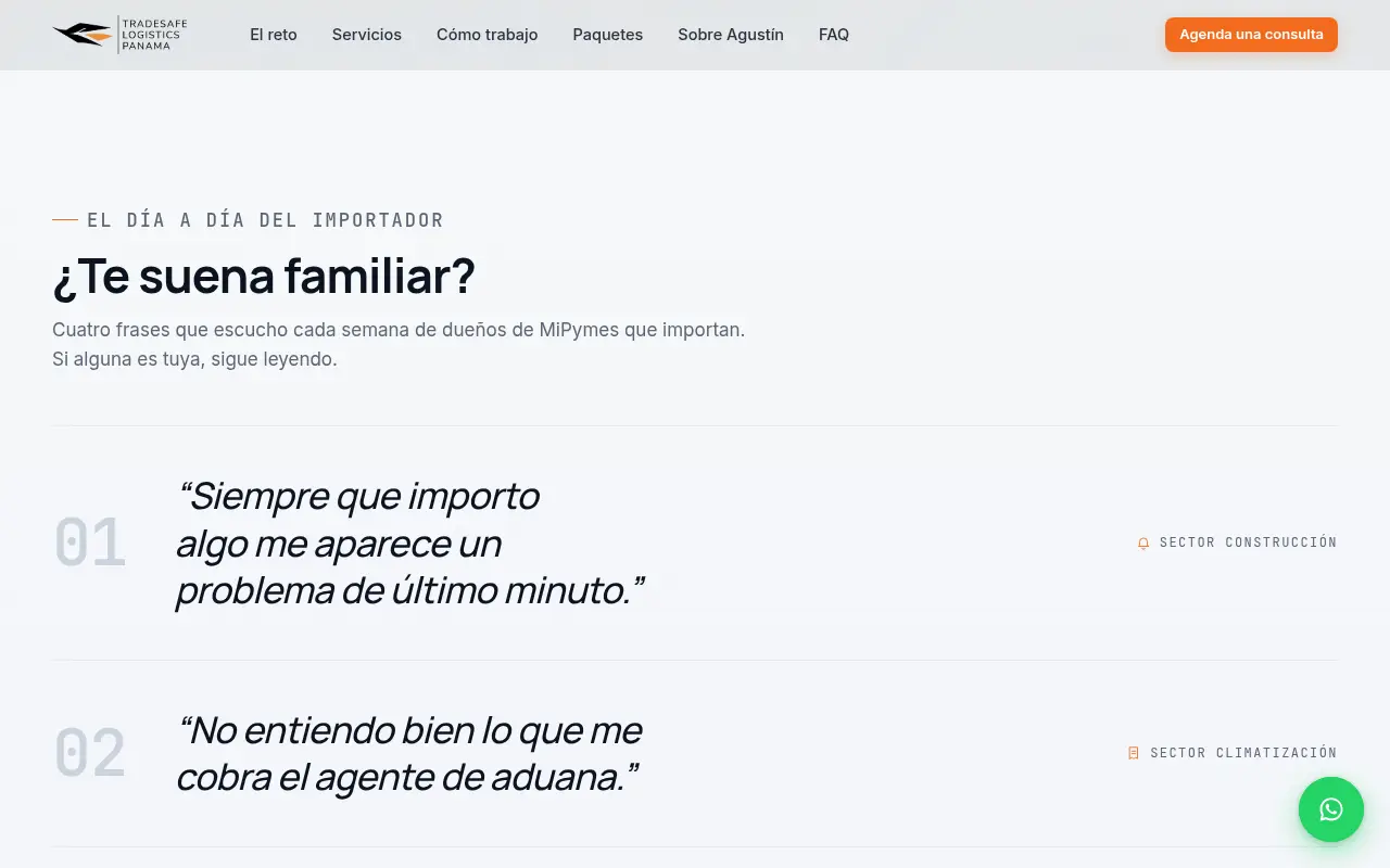 Sección «¿Te suena familiar?» del sitio de TradeSafe PMA con frases reales de importadores, como «Siempre que importo algo me aparece un problema de último minuto»