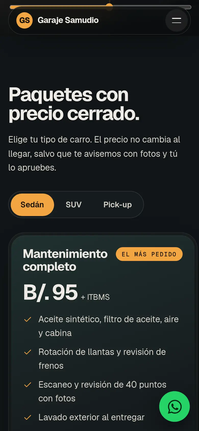 Vista móvil de la demo Garaje Samudio, sección de paquetes con precio cerrado y pestañas para sedán, SUV y pick-up