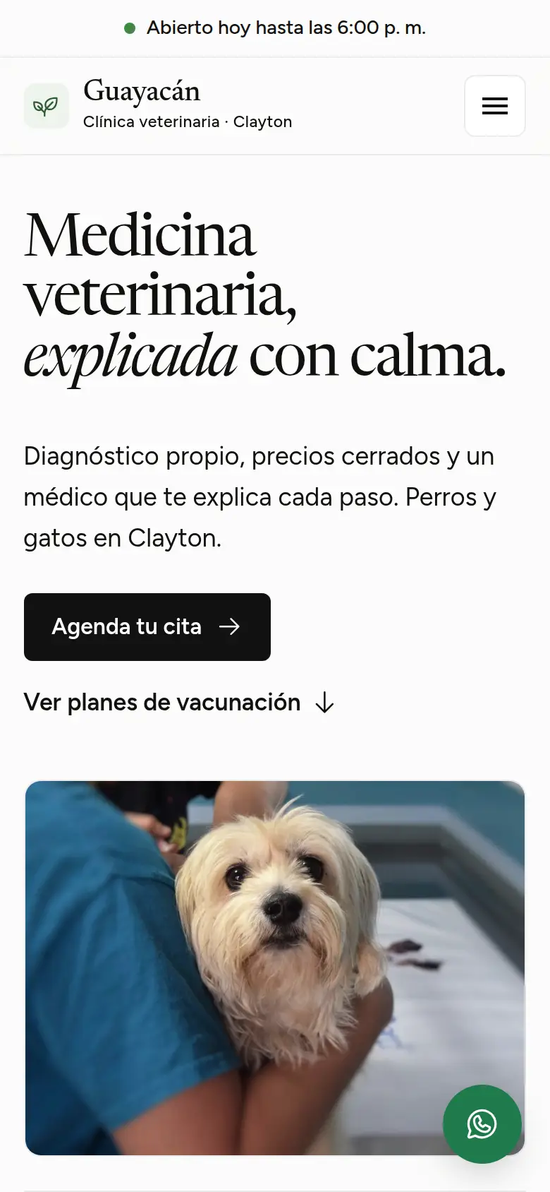 Vista móvil de la demo Clínica Veterinaria Guayacán, con el titular "Medicina veterinaria, explicada con calma" y botón para agendar cita