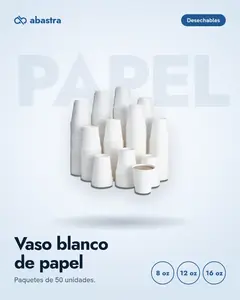 Pieza de producto de Abastra: vaso blanco de papel en tres tamaños.