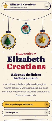 Sitio de Elizabeth Creations en celular: adornos de fieltro hechos a mano.