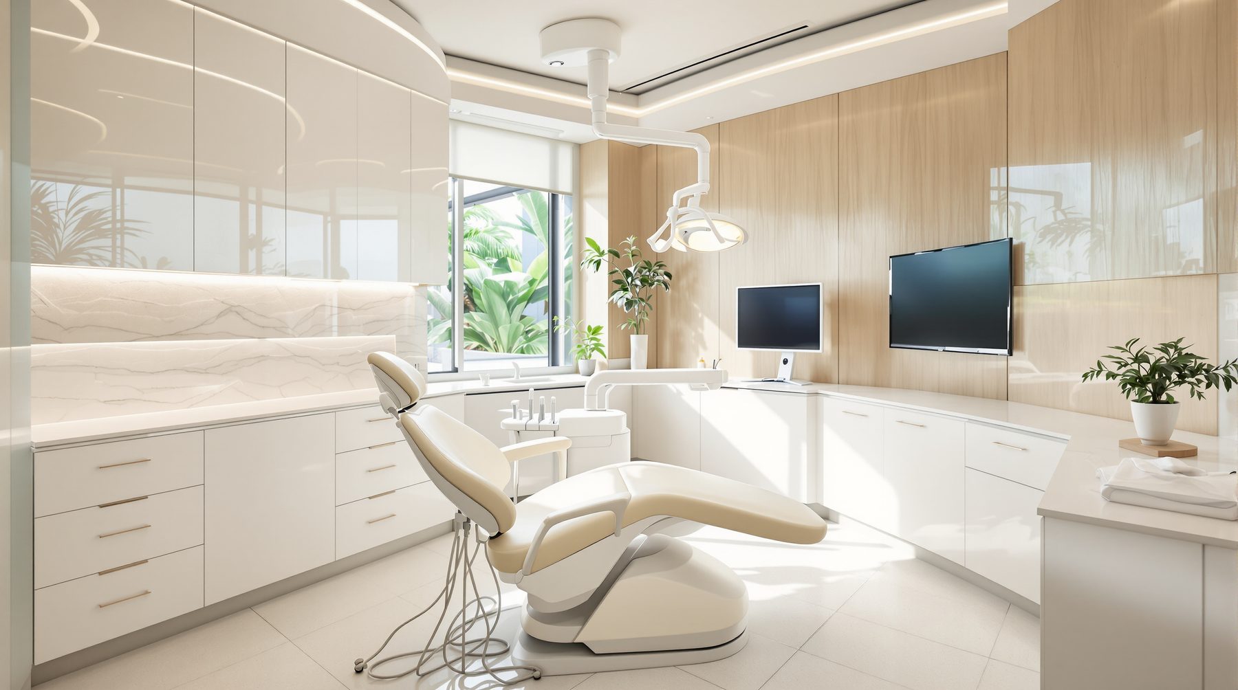 Consultorio luminoso con sillón dental blanco y una planta junto a la ventana.