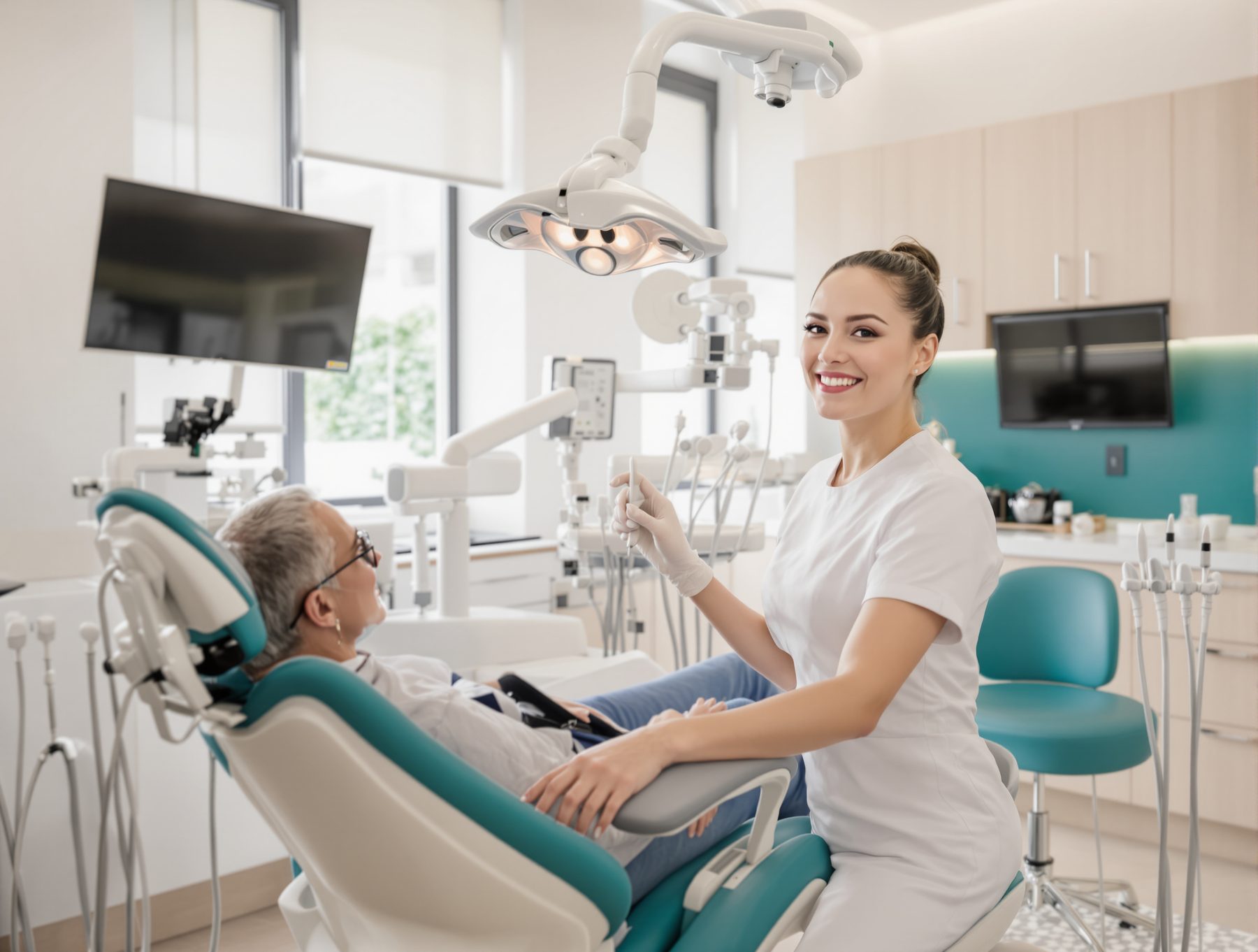 Odontóloga sonriente junto a un paciente mayor en el sillón dental.