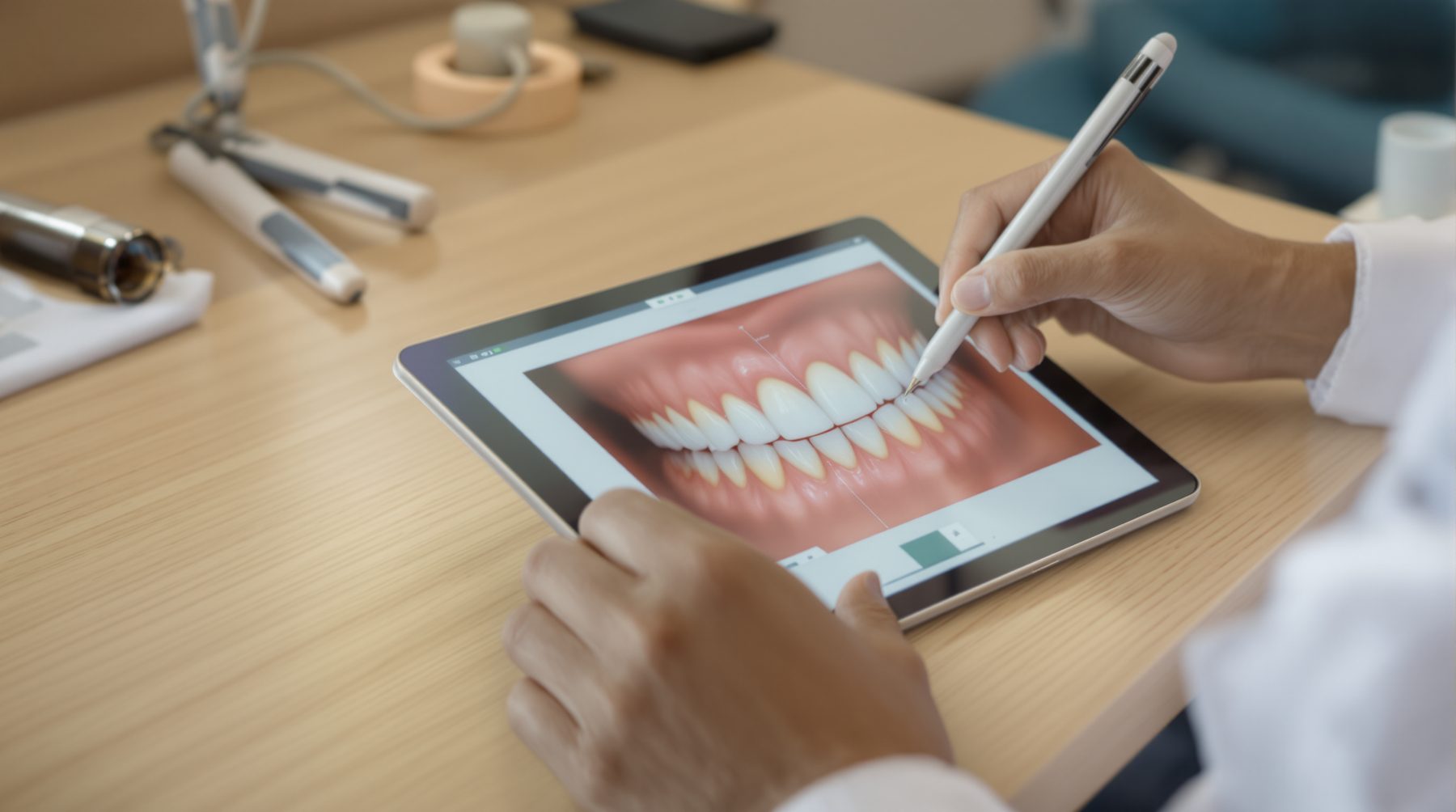 Mano de la odontóloga con un lápiz digital sobre una tableta con el diseño de una sonrisa.