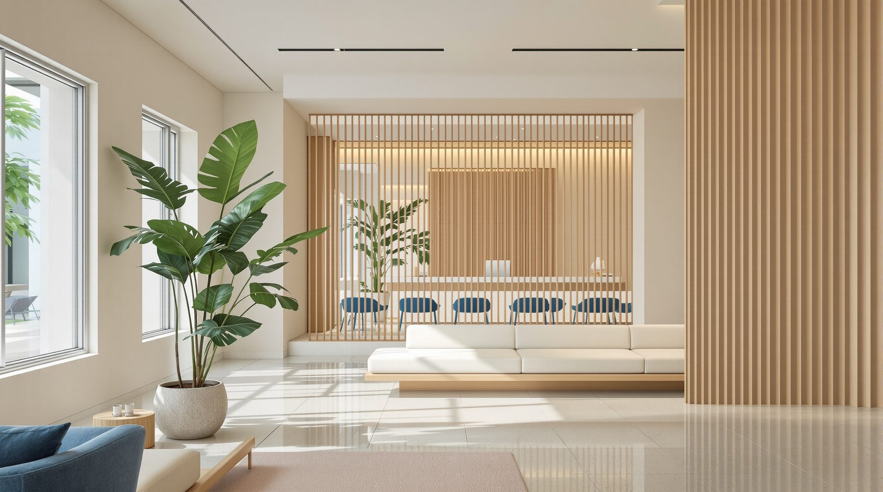 Recepción de la clínica con paneles de madera clara, plantas y luz natural.