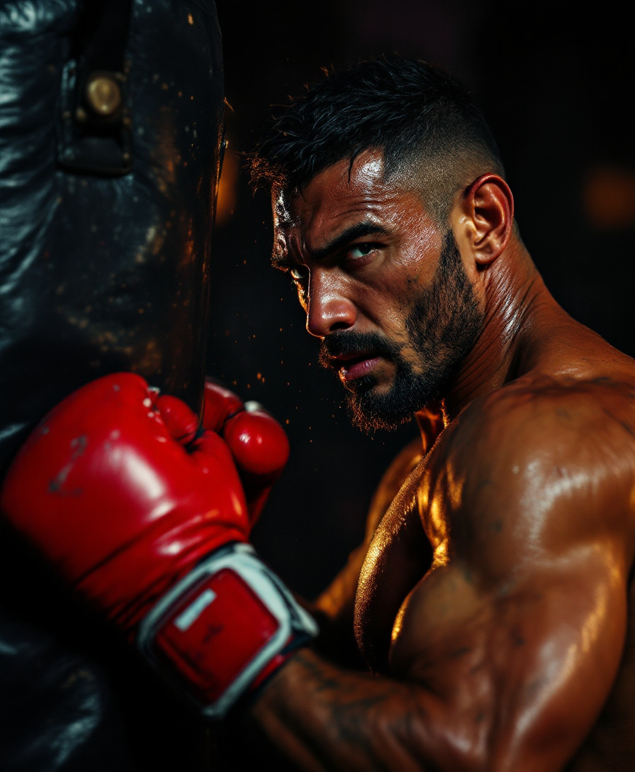 Hombre golpeando un saco de boxeo con guantes rojos