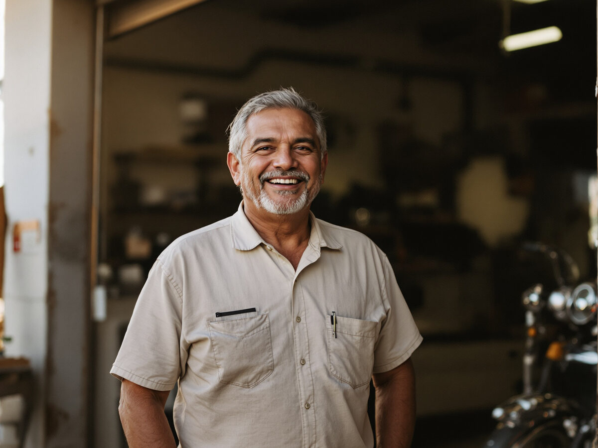 Uno de los dueños del taller sonriendo frente al portón abierto